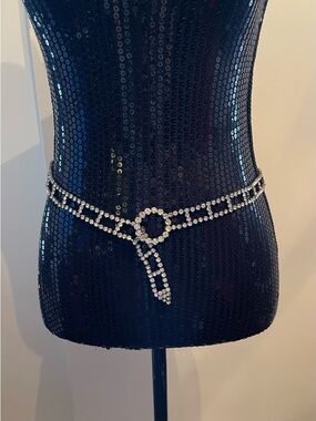 Vintage Crystal Rhinestone Circle Link Waist Chain Belt - Silver